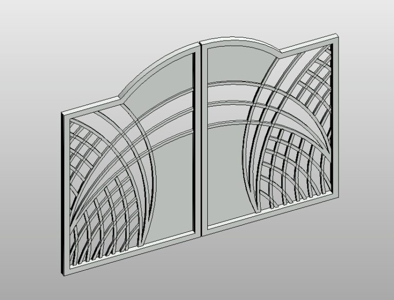 Ventana doble arqueada con reja decorativa curva, vista 3D