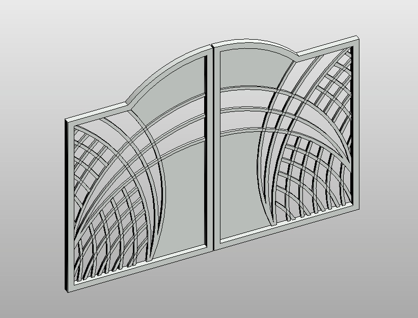 Ventana doble arqueada con reja decorativa curva, vista 3D