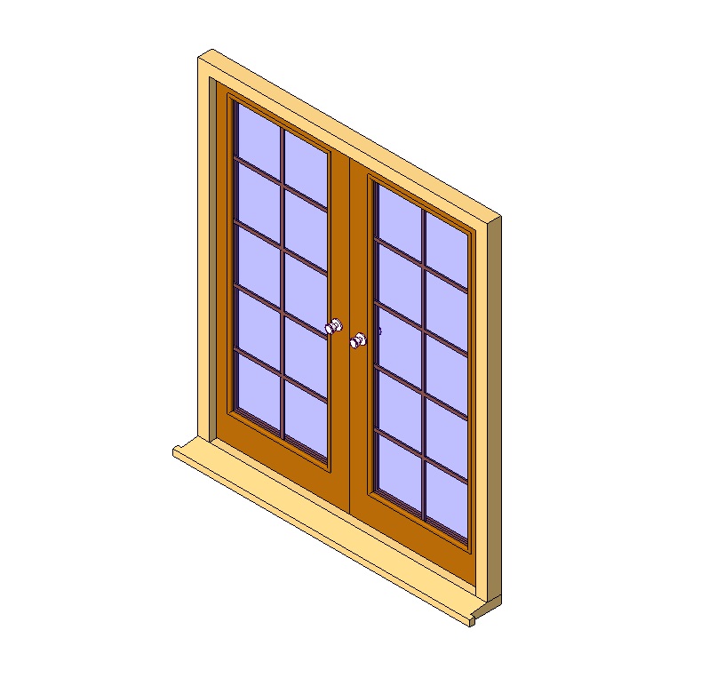 Ventana francesa doble de madera con cuarterones, vista 3D