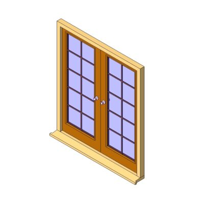 Ventana francesa doble de madera con cuarterones